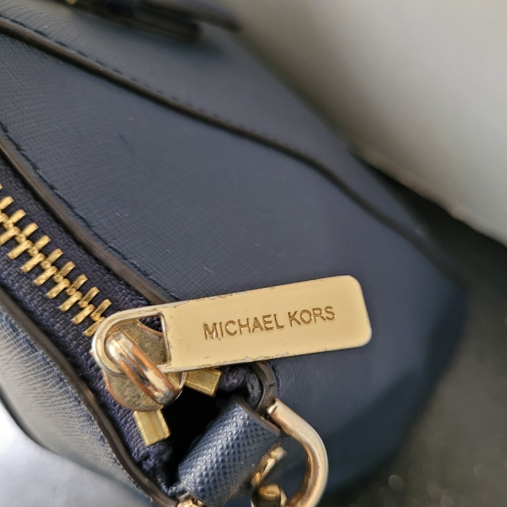 Michael Kors Navy Blue Ciara Satchel Bag With Brown Crossbody Strap - Picture 11 of 15